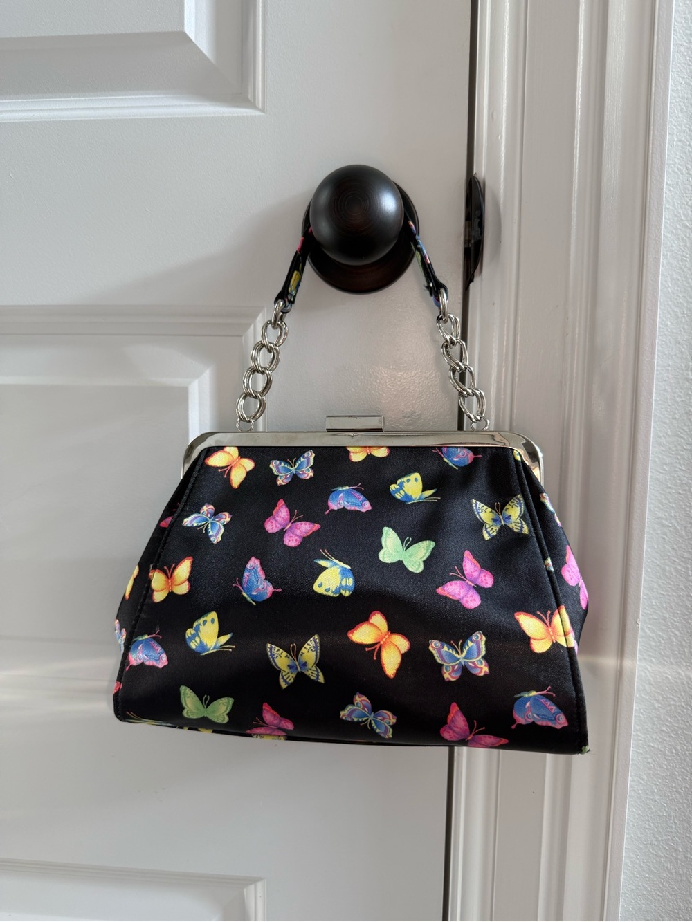 Y2K Amanda Smith Black Butterfly Print Chain-Handle Mini Satchel